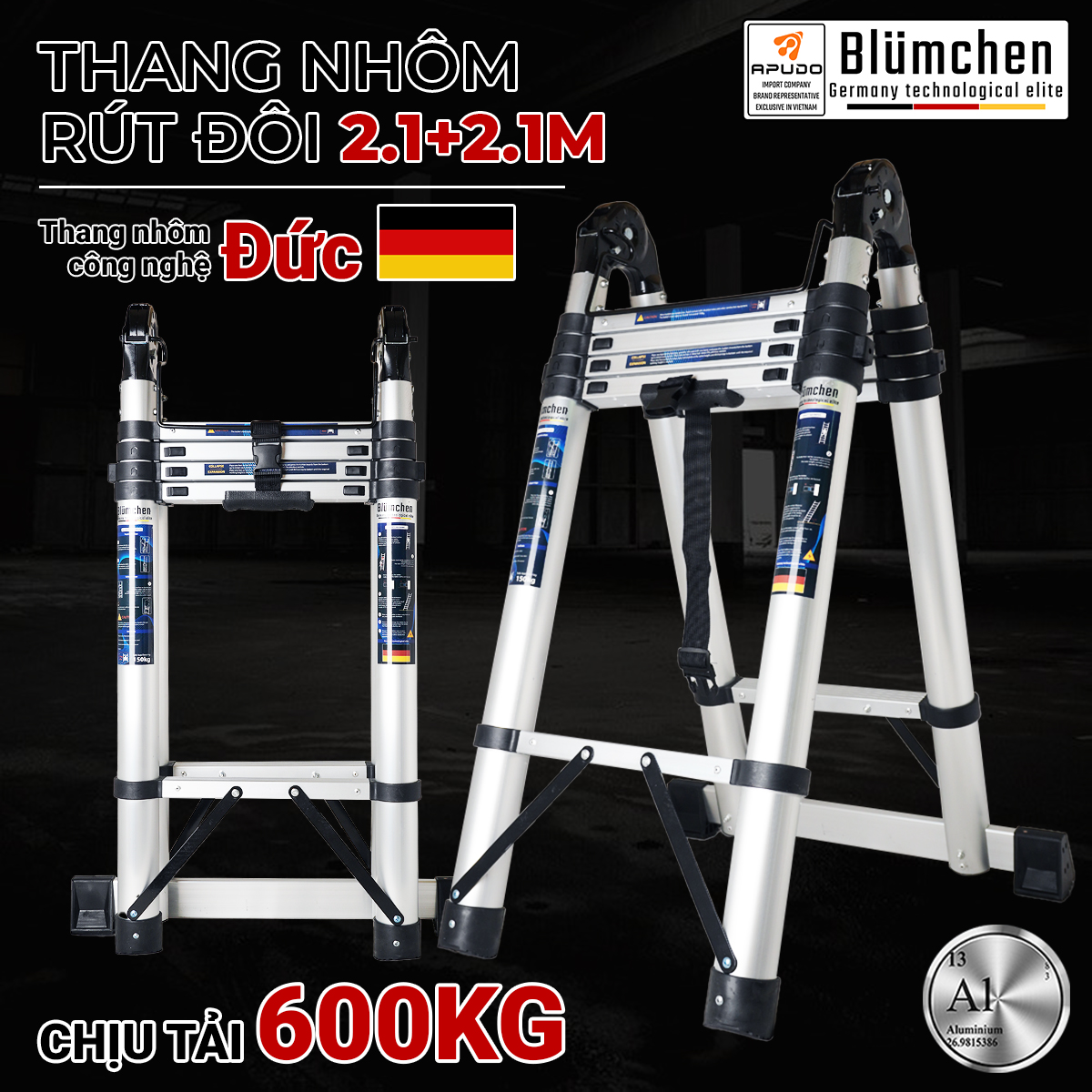 Thang nhôm rút đôi 2.1+2.1m tiêu chuẩn