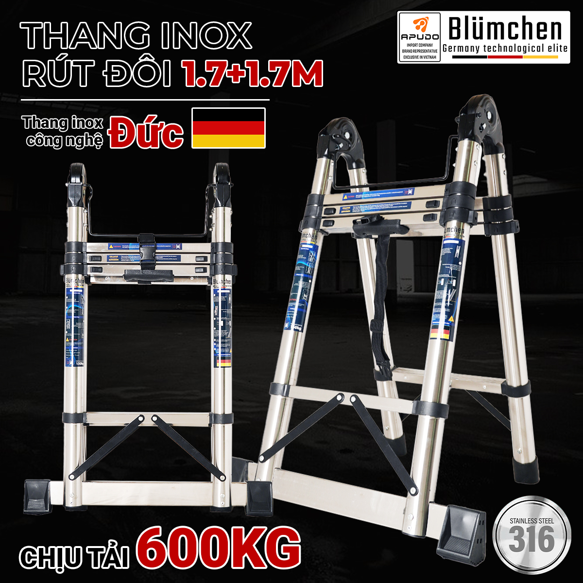 Thang inox rút đôi 1.7+1.7m tiêu chuẩn