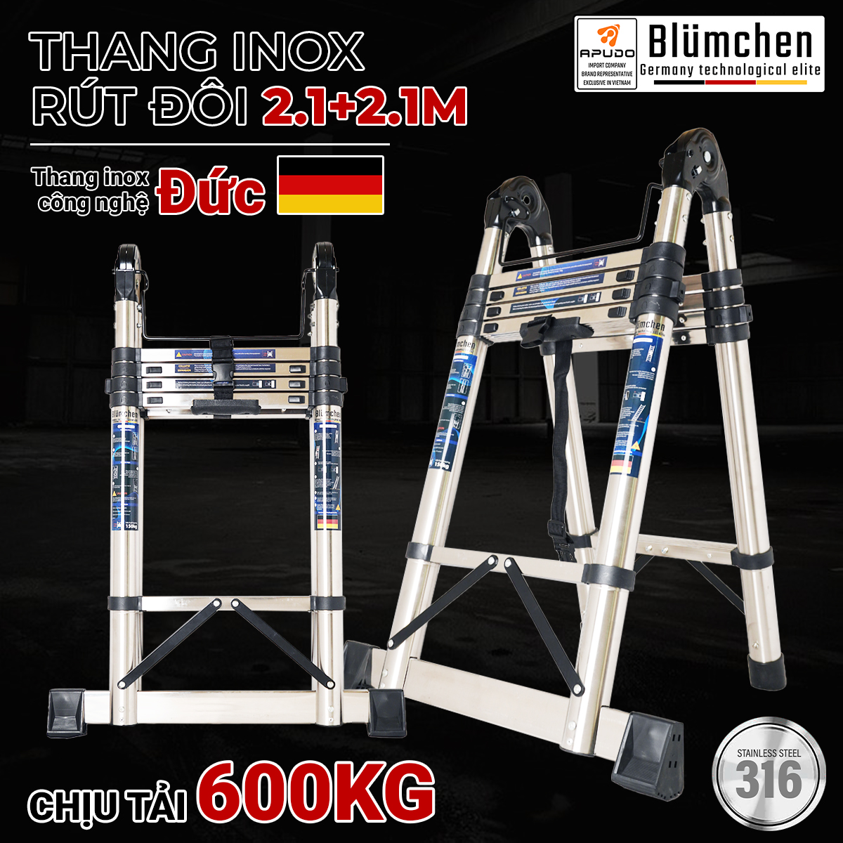 Thang inox rút đôi 2.1+2.1m tiêu chuẩn
