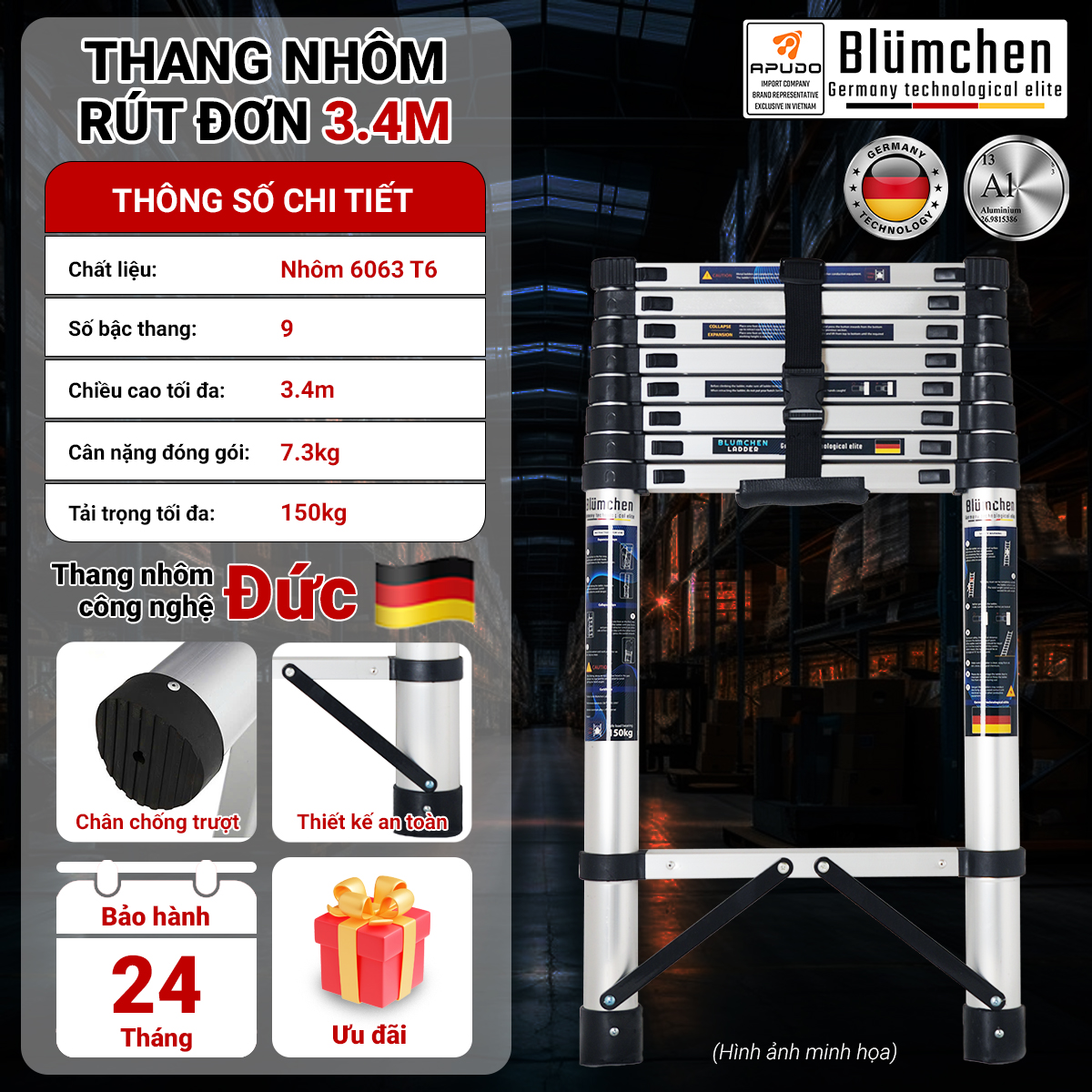 Thang nhôm rút đơn 3.4m