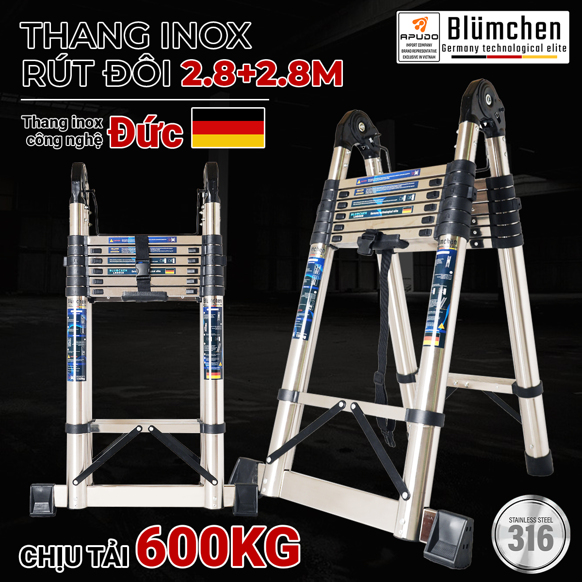 Thang inox rút đôi 2.8+2.8 tiêu chuẩn