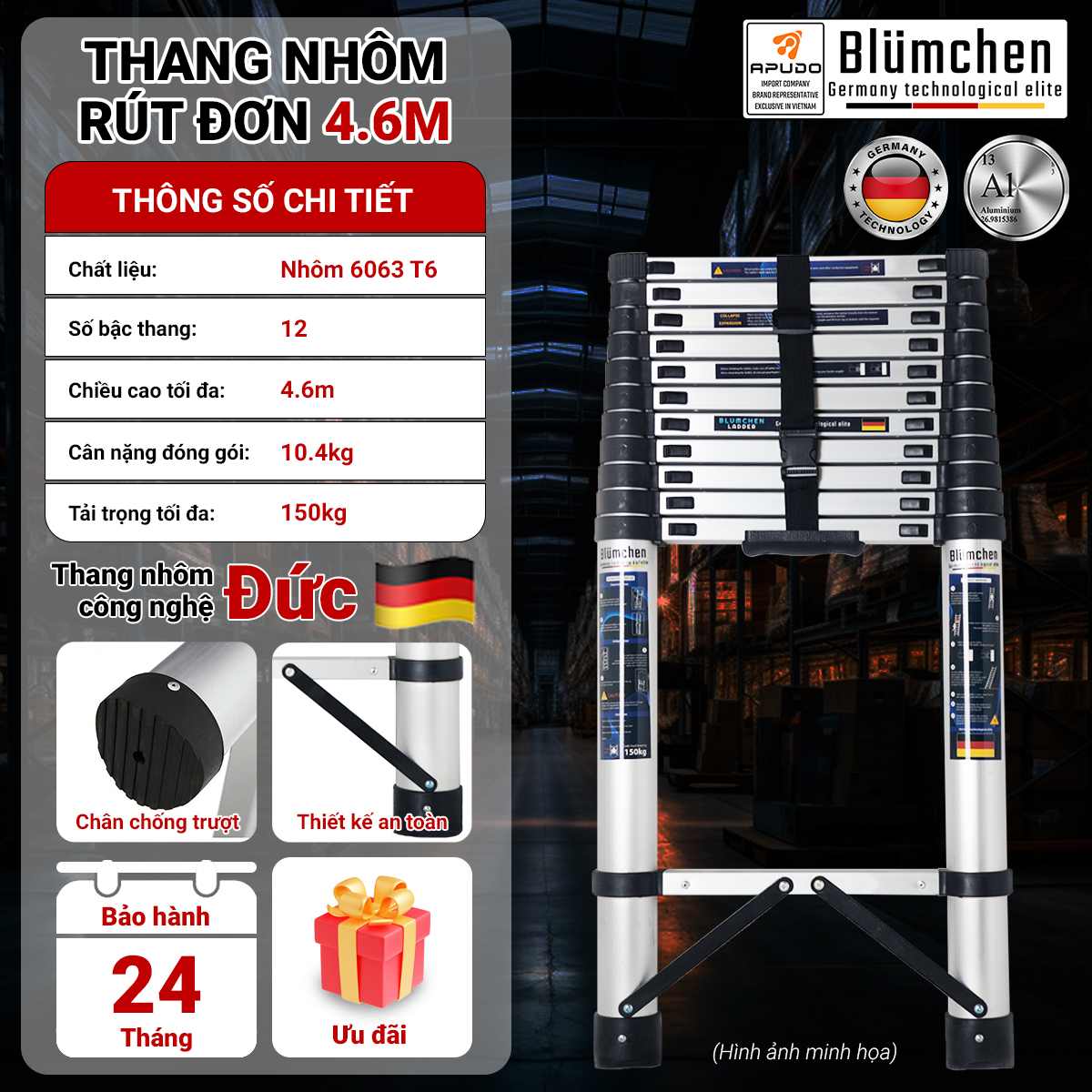 Thang nhôm rút đơn 4.6m
