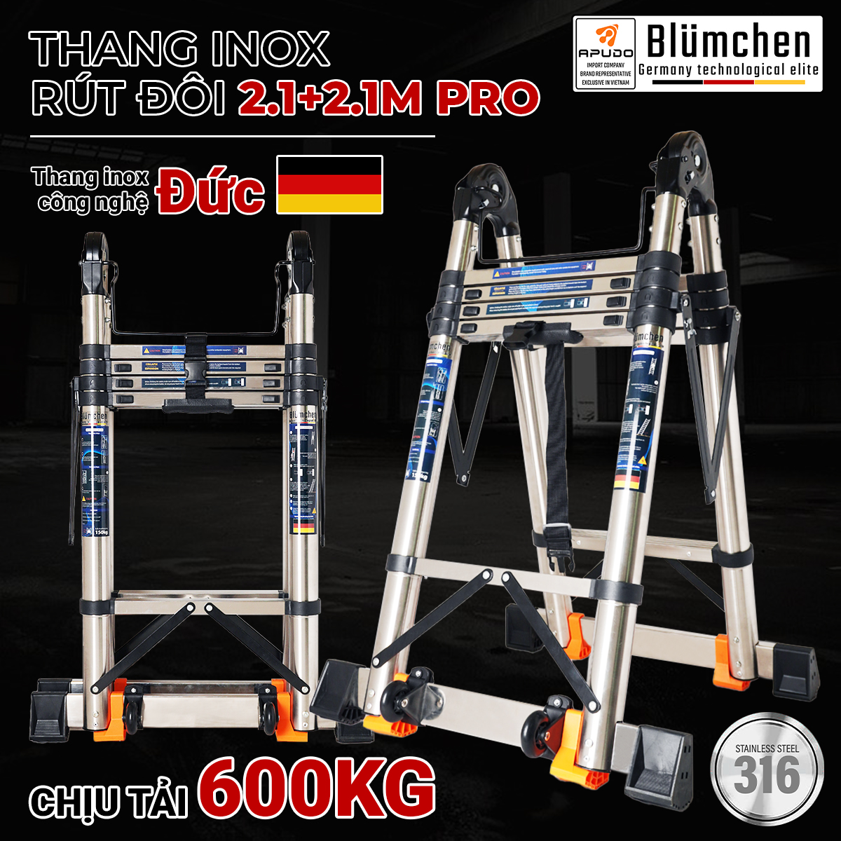 Thang inox rút đôi 2.1+2.1m Pro