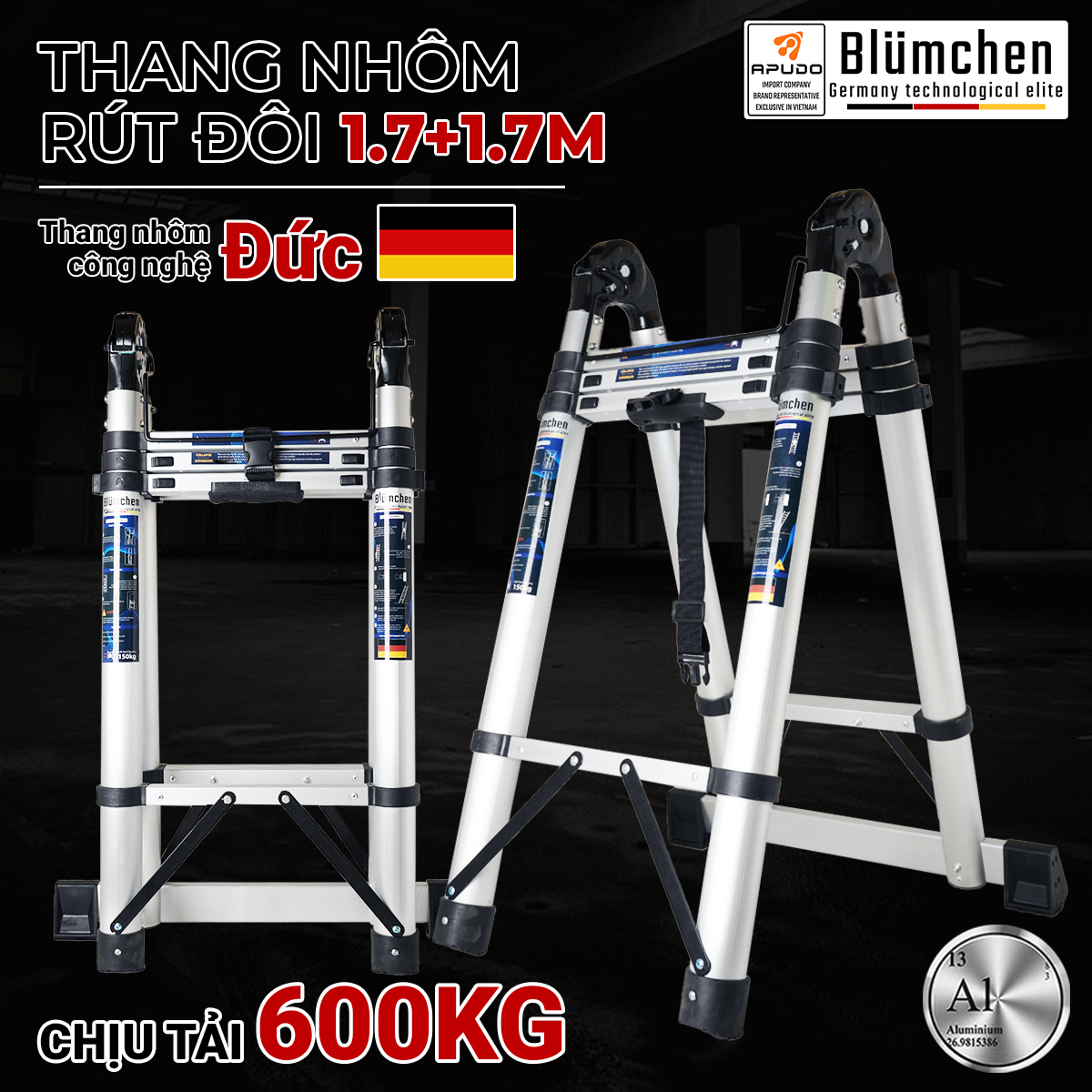 Thang nhôm rút đôi 1.7+1.7m tiêu chuẩn