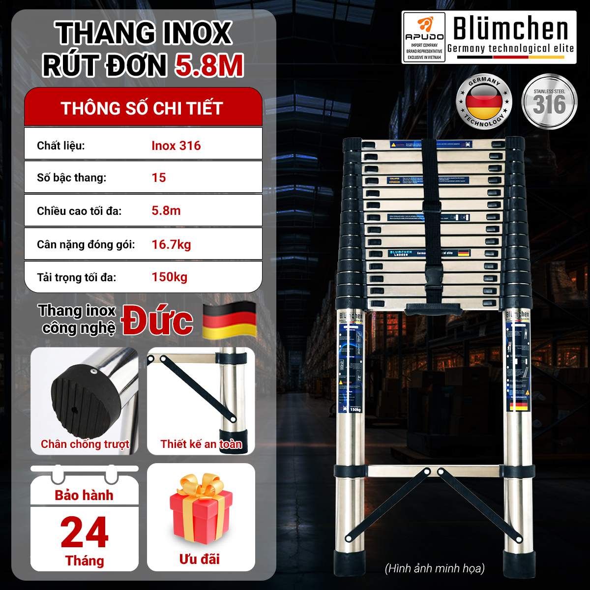 Thang inox rút đơn 5.8m