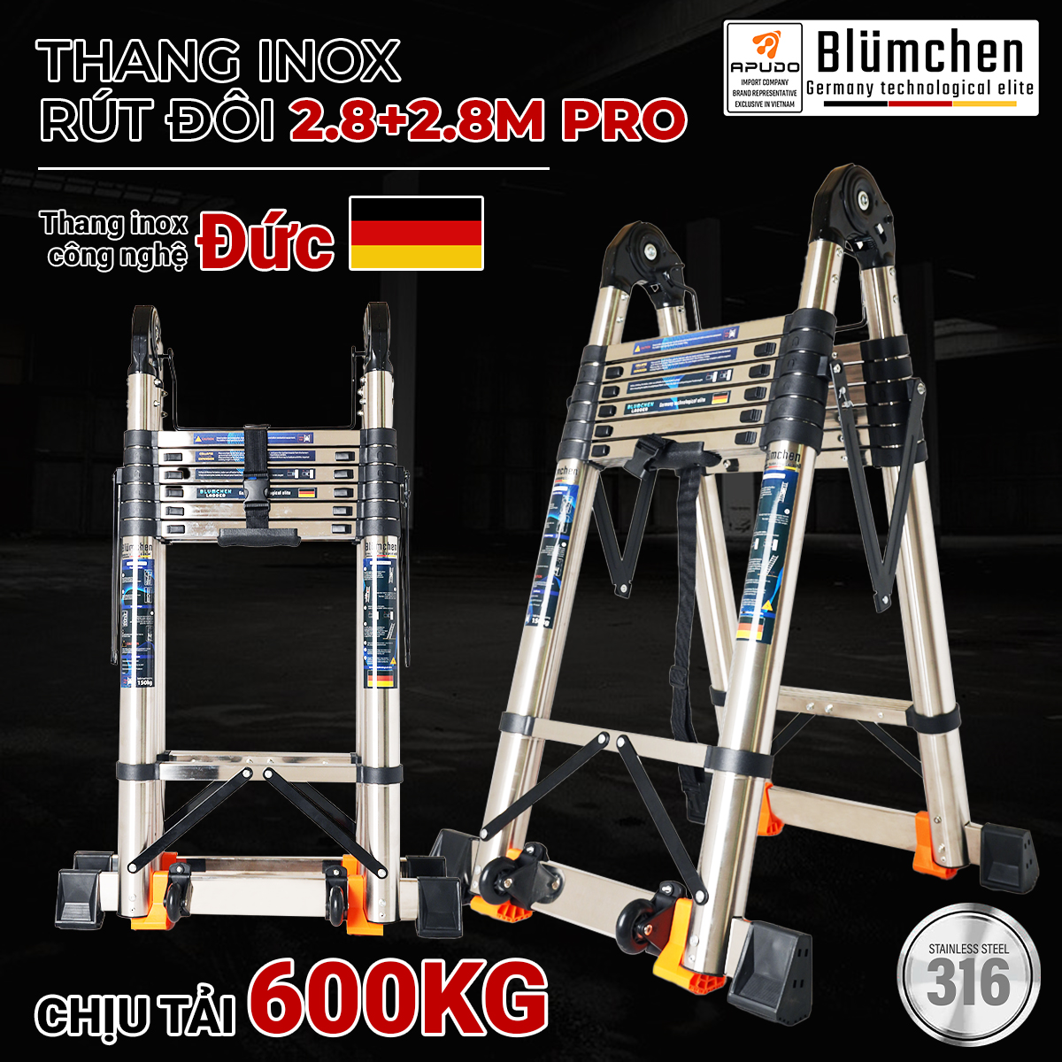 Thang inox rút đôi 2.8+2.8m Pro