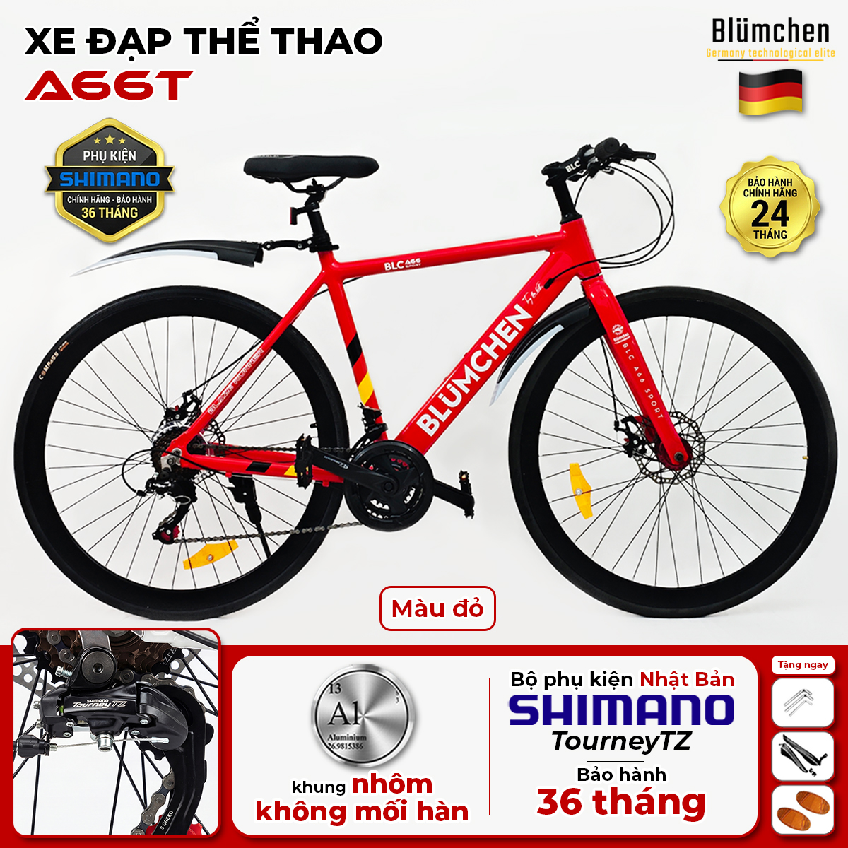 Xe đạp đua khung nhôm không mối hàn : A66T-Màu đỏ