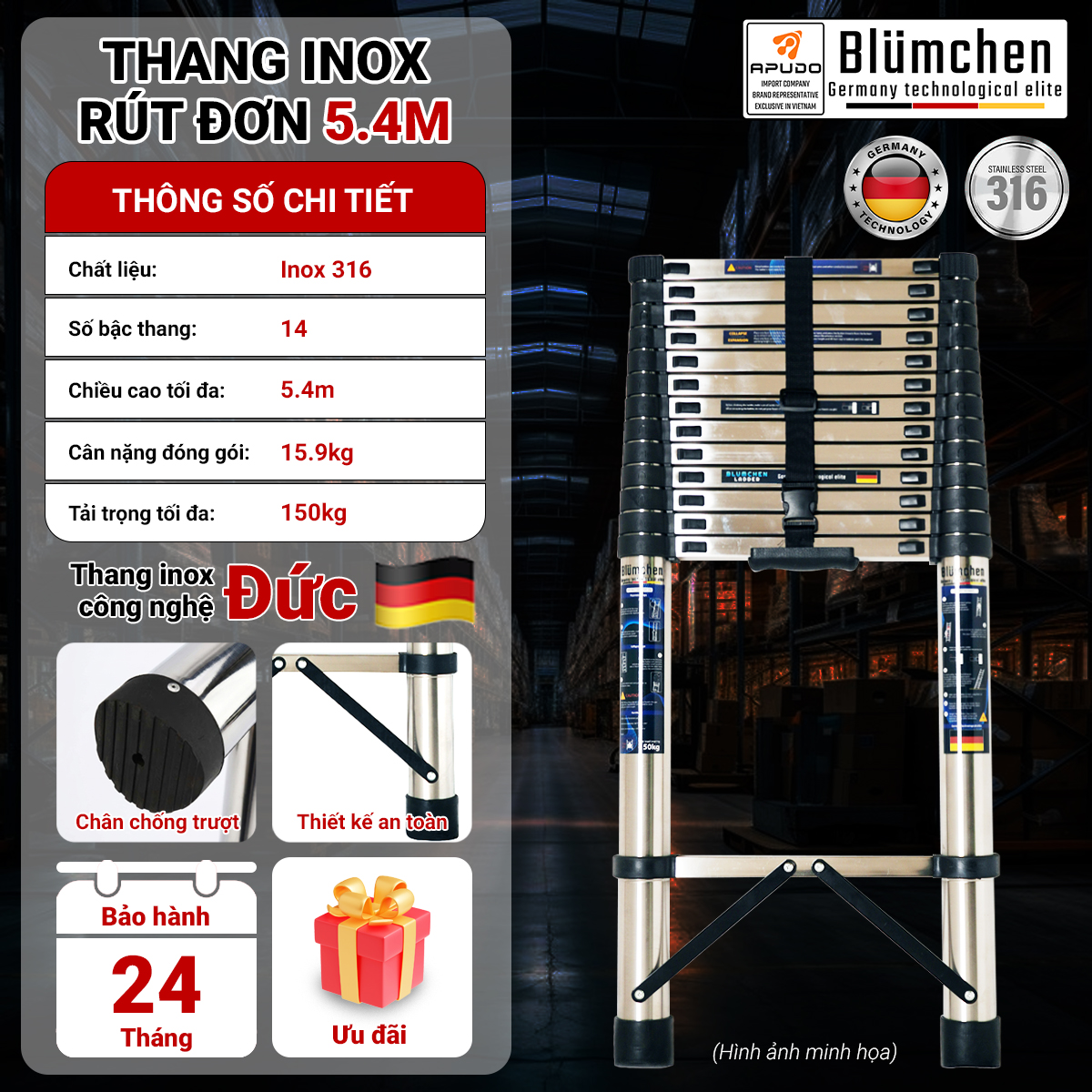 Thang inox rút đơn 5.4m