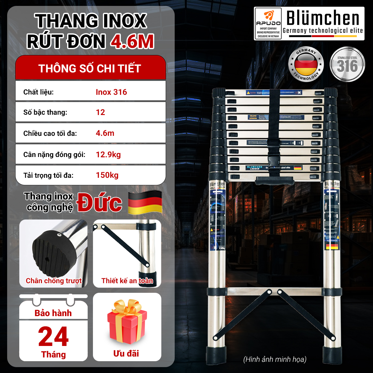 Thang inox rút đơn 4.6m