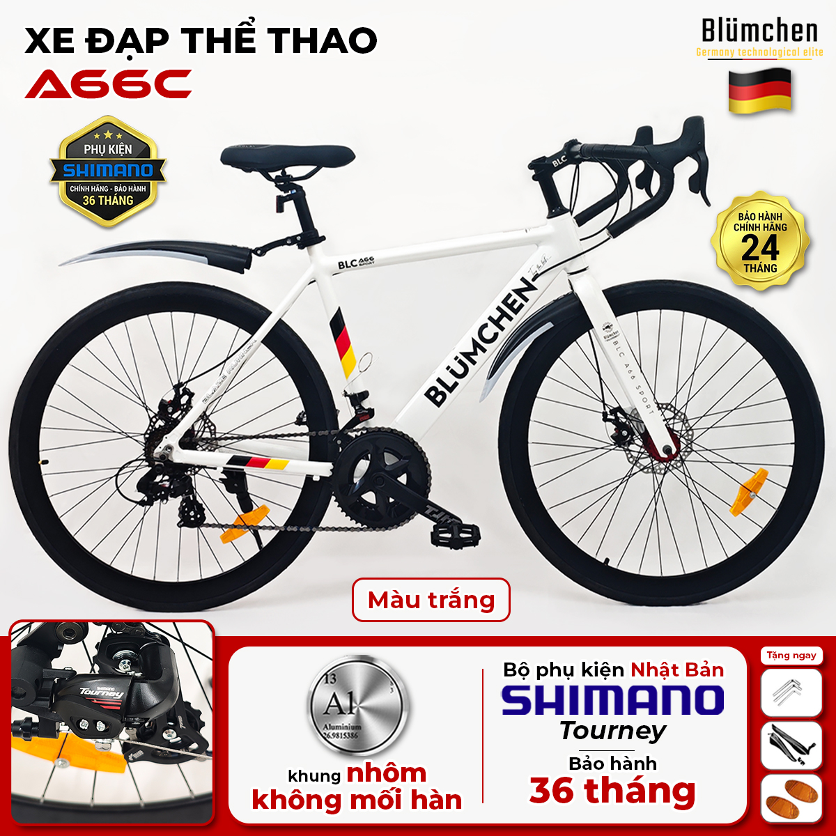 Xe đạp đua khung nhôm không mối hàn : A66C-Màu trắng