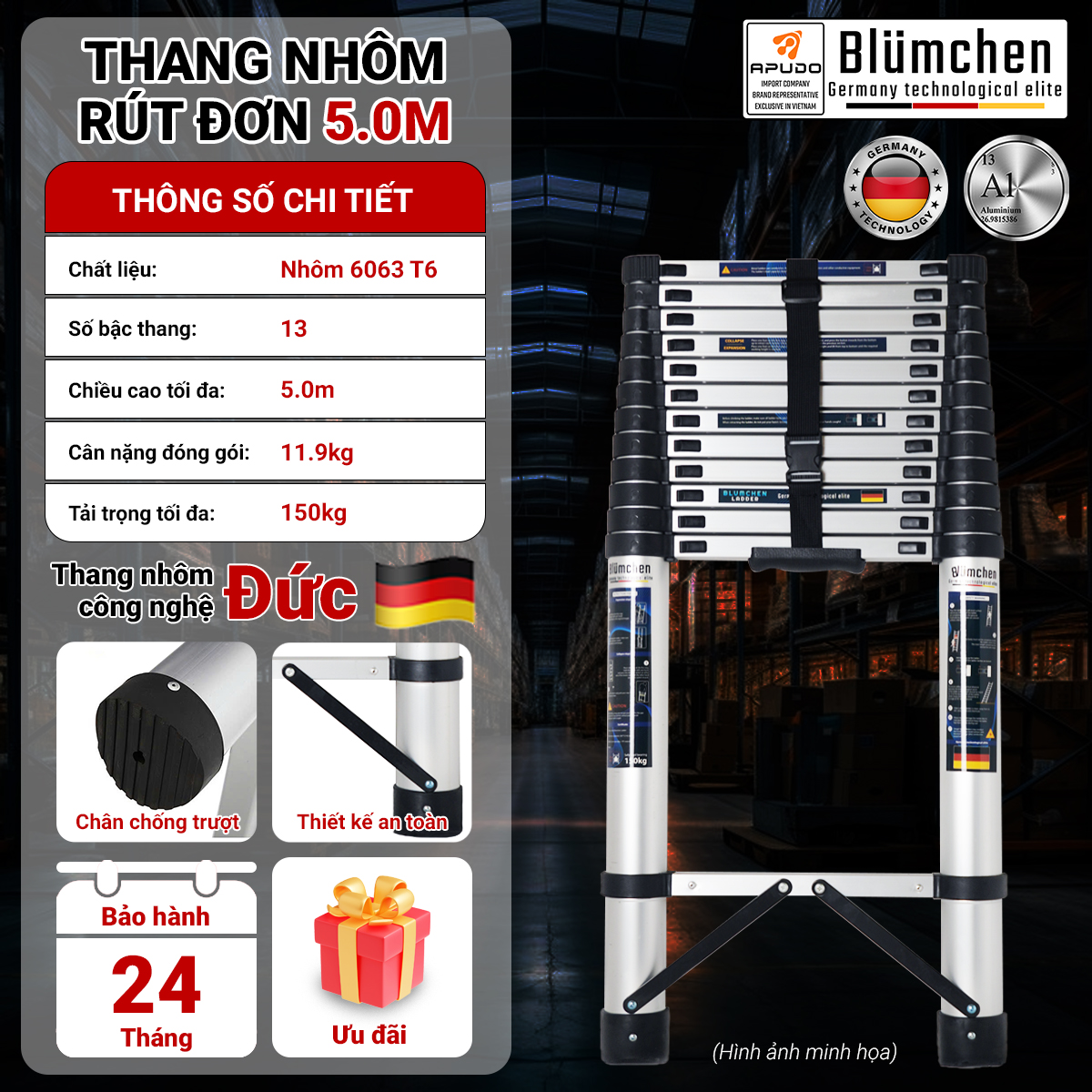 Thang nhôm rút đơn 5.0m