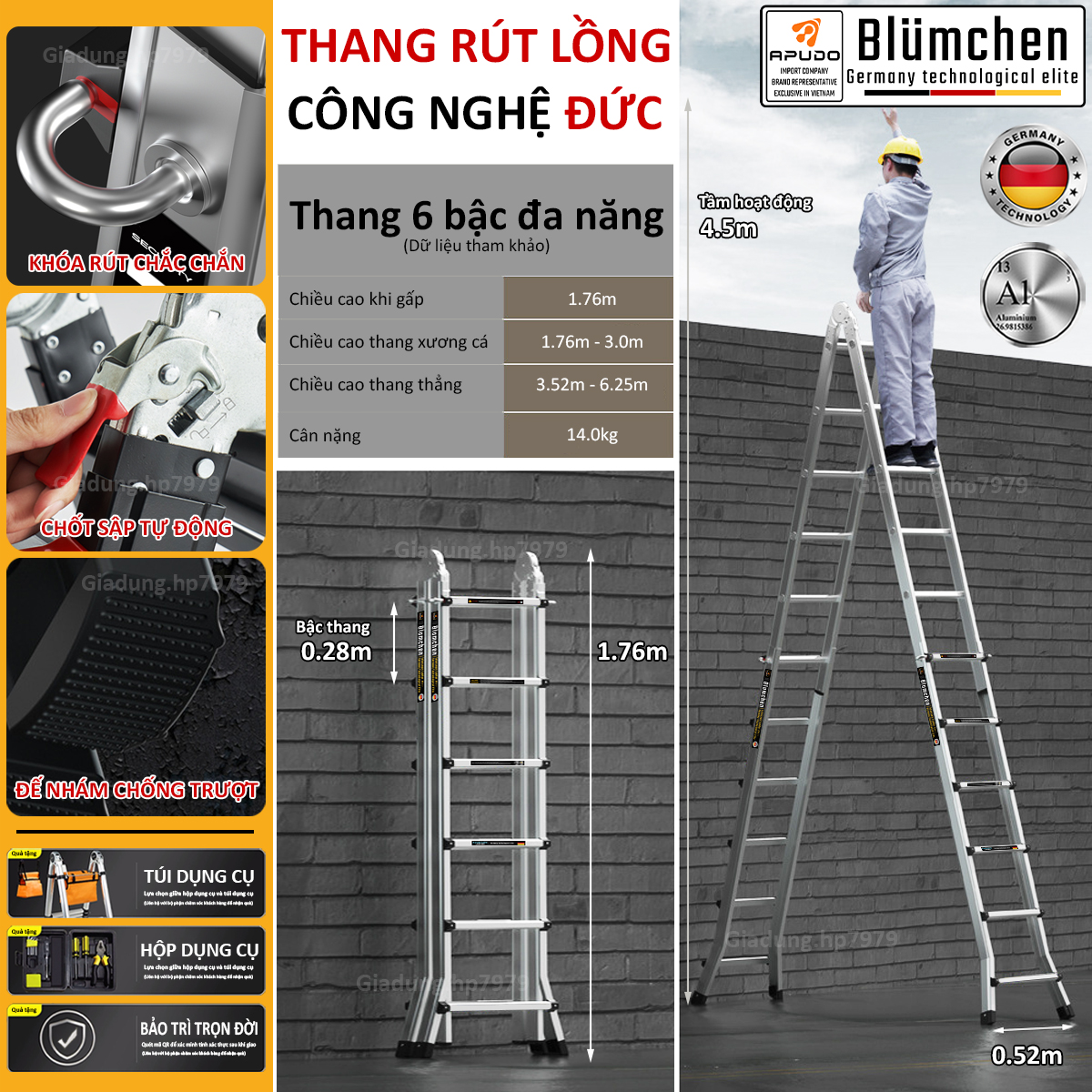 Thang nhôm rút lồng 6 bậc đa năng