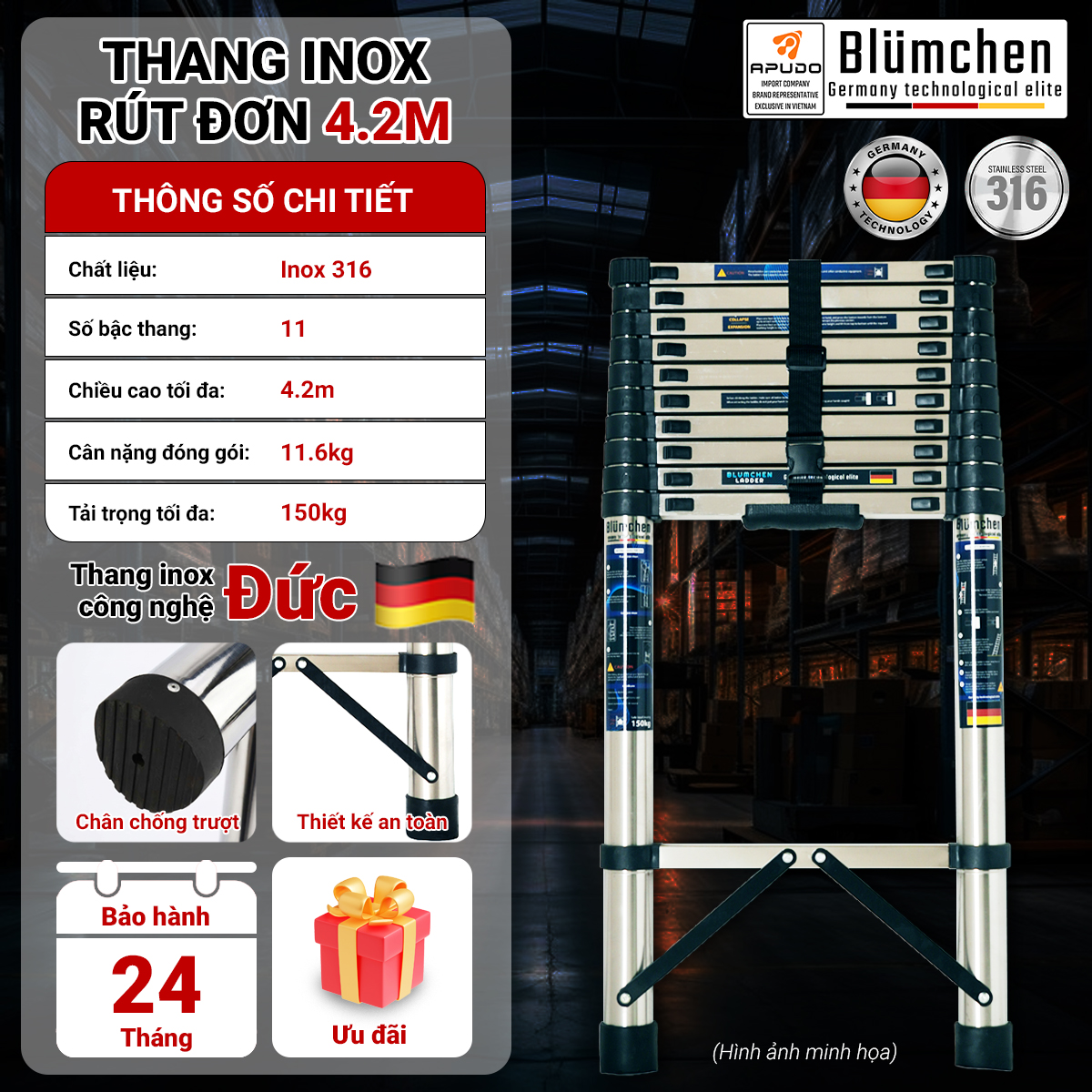 Thang inox rút đơn 4.2m