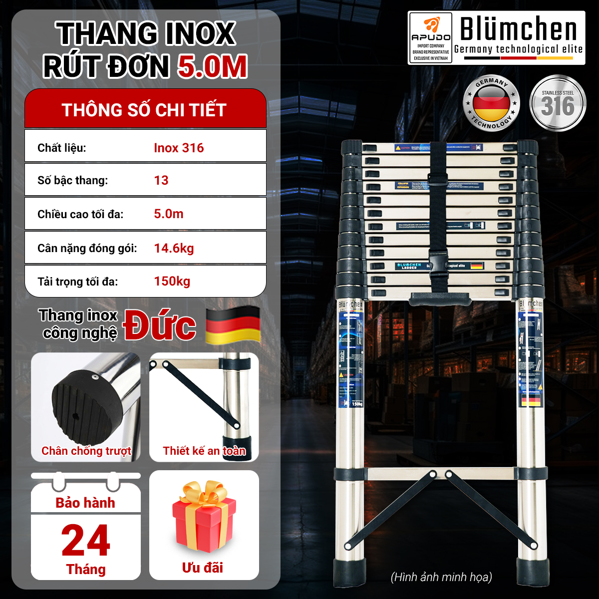 Thang inox rút đơn 5.0m
