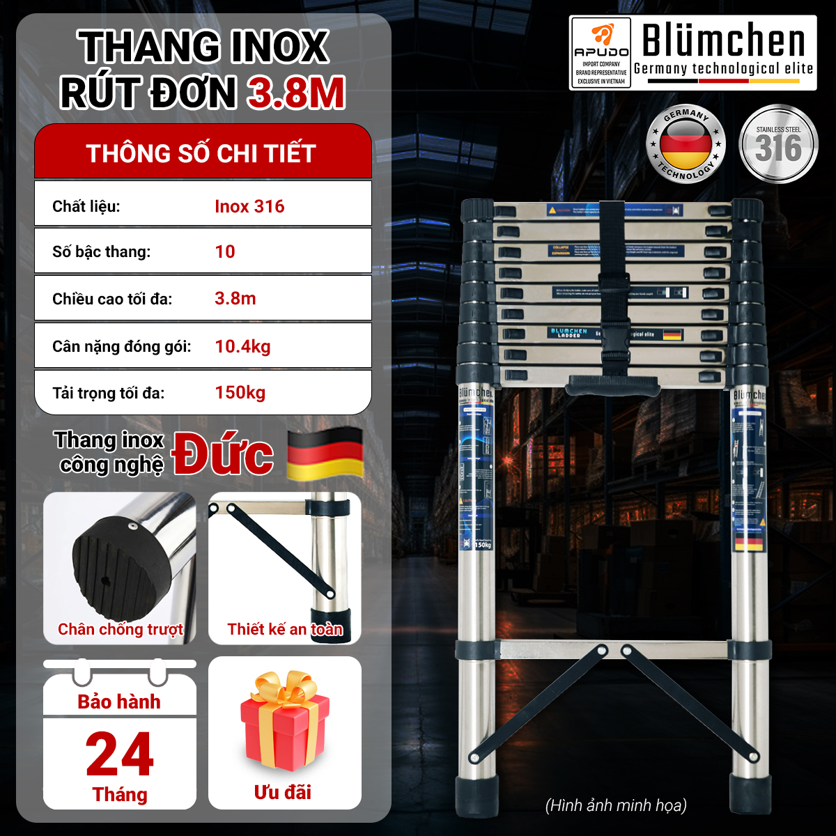 Thang inox rút đơn 3.8m