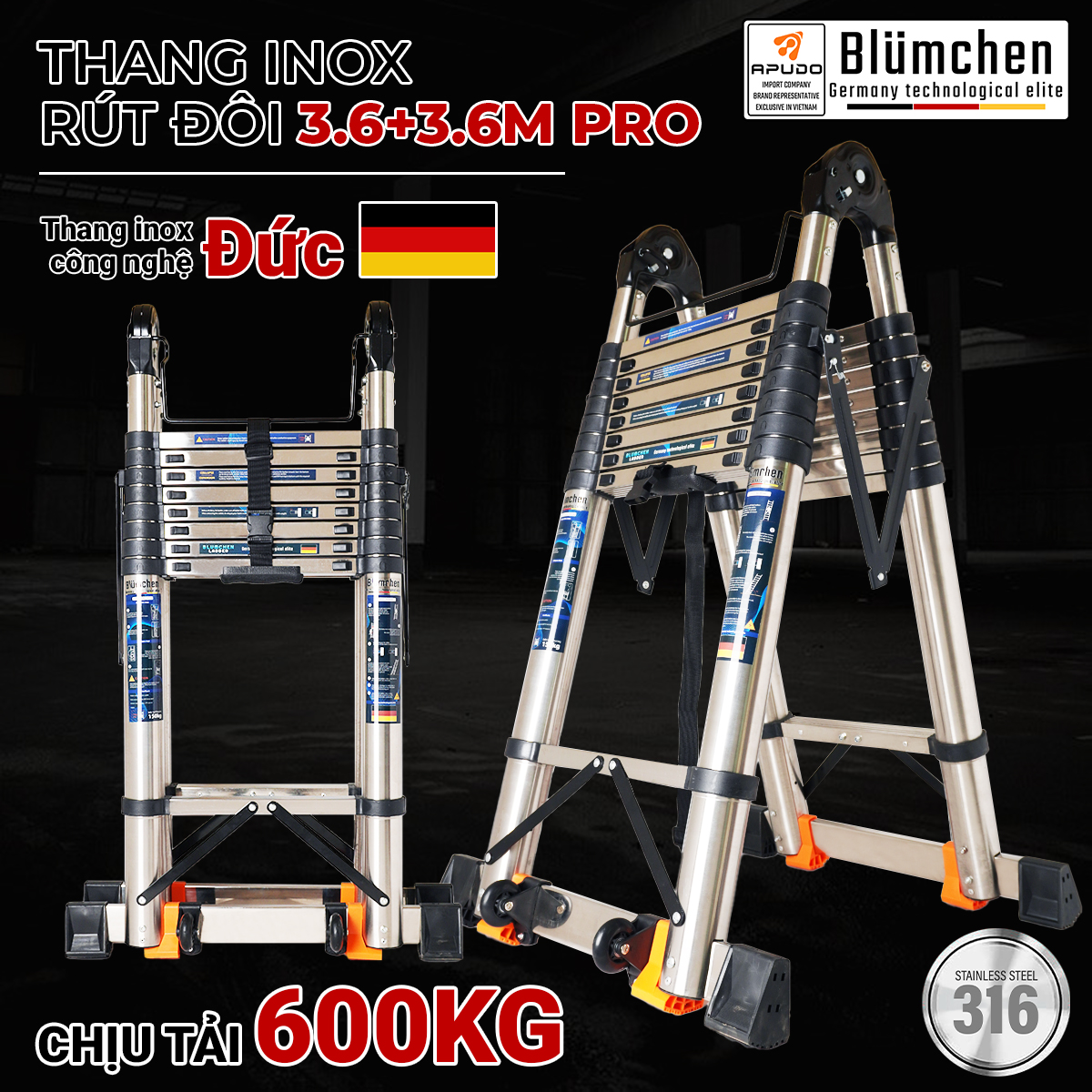 Thang inox rút đôi 3.6+3.6m Pro
