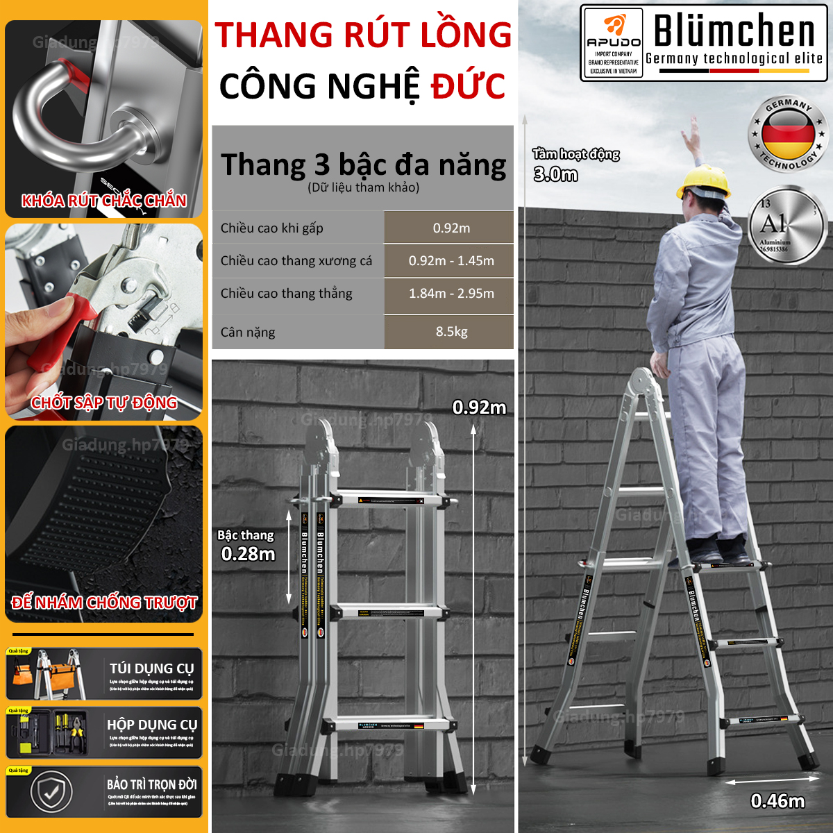 Thang nhôm rút lồng 3 bậc đa năng