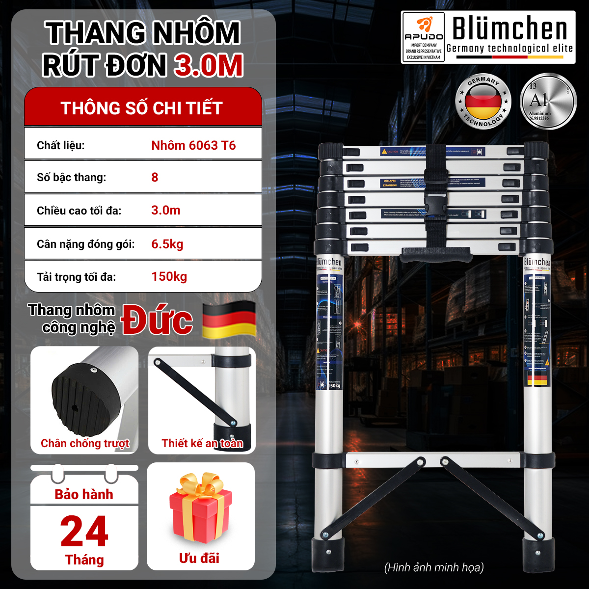 Thang nhôm rút đơn 3.0m