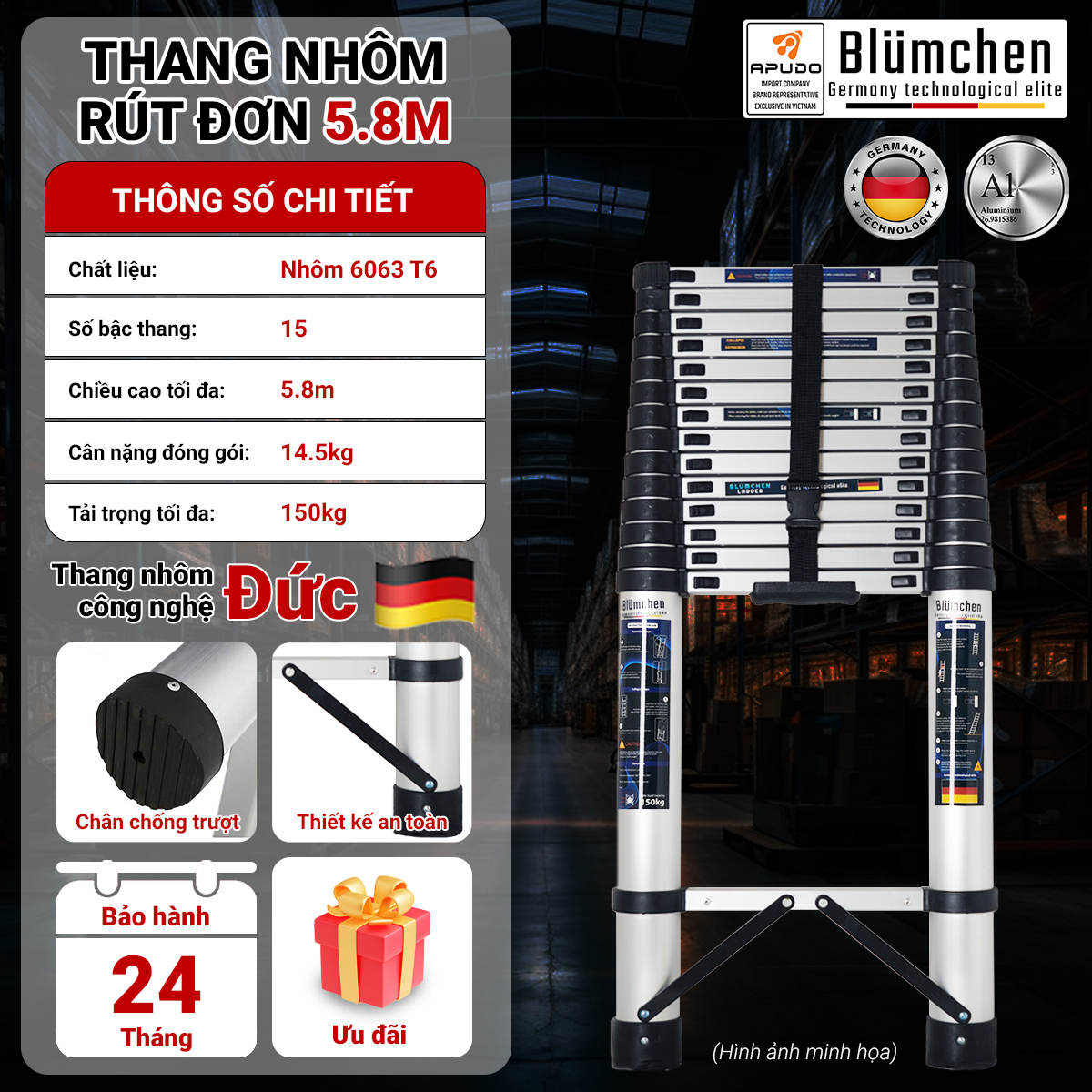 Thang nhôm rút đơn 5.8m