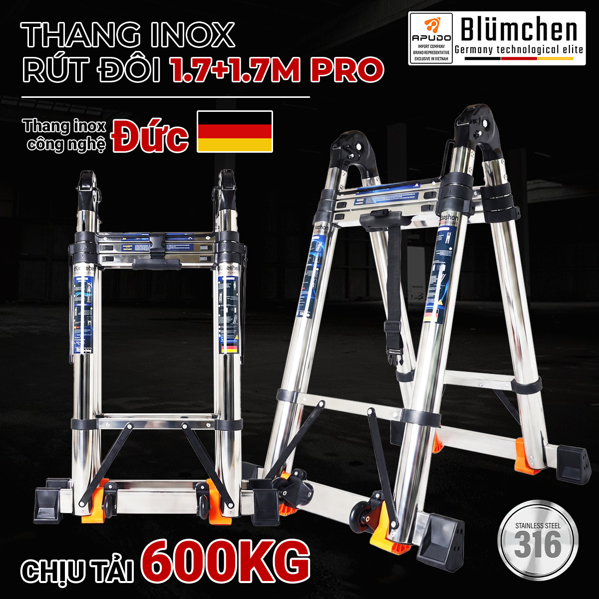Thang inox rút đôi 1.7+1.7m Pro