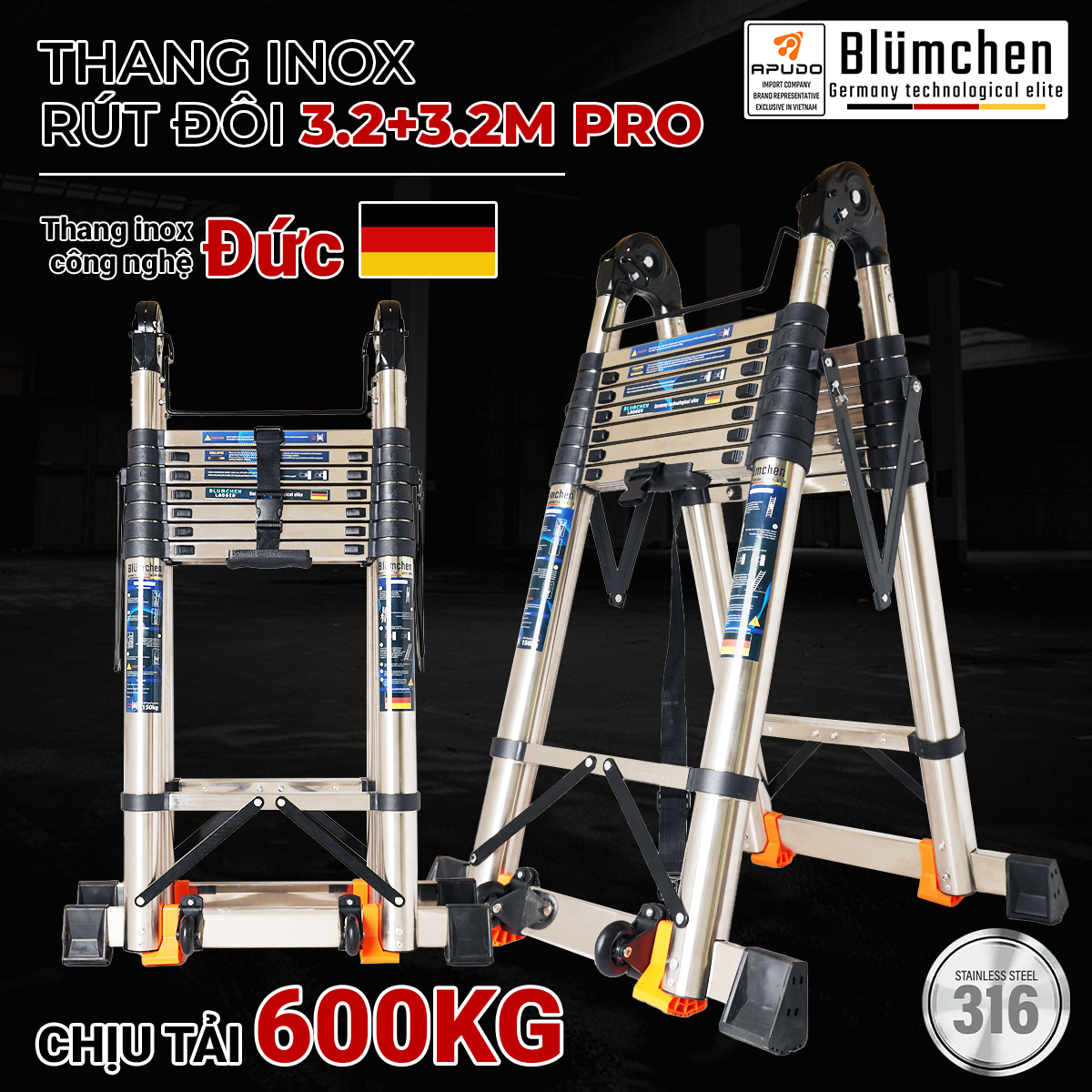 Thang inox rút đôi 3.2+3.2 Pro