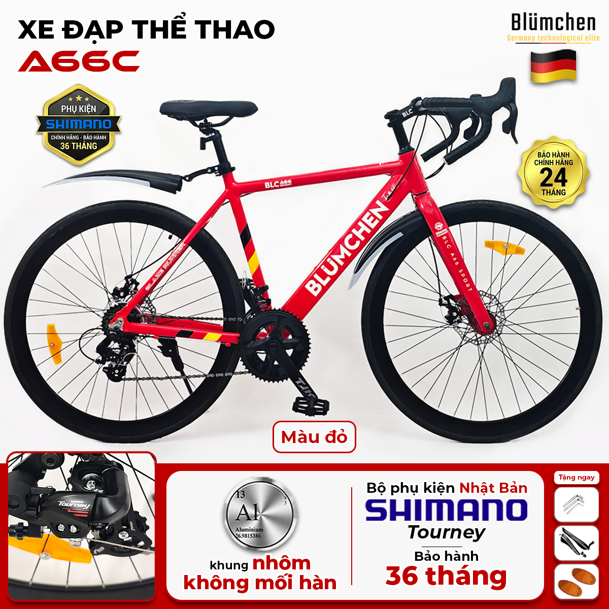 Xe đạp đua khung nhôm không mối hàn : A66C-Màu đỏ