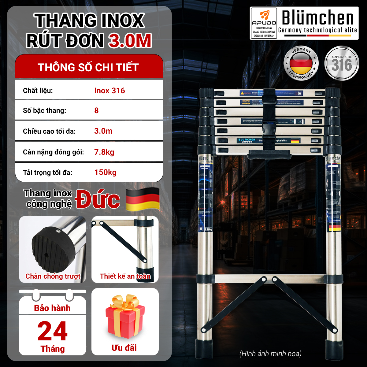 Thang inox rút đơn 3.0m