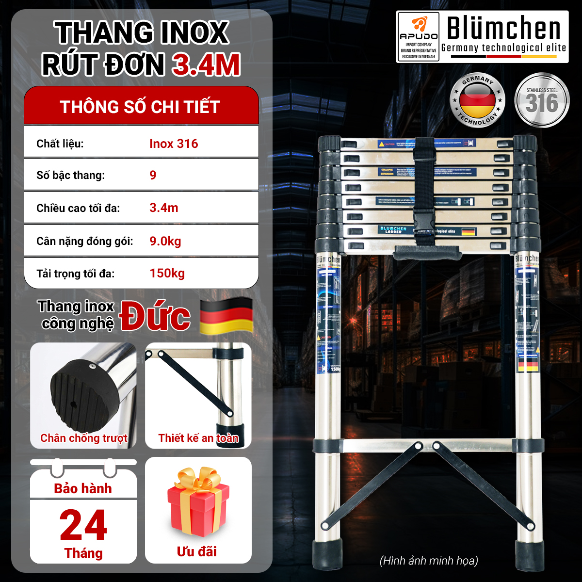 Thang inox rút đơn 3.4m