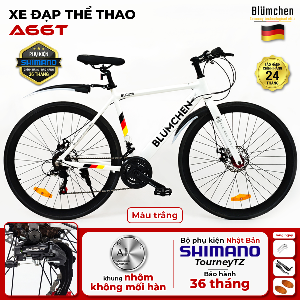 Xe đạp đua khung nhôm không mối hàn : A66T-Màu trắng
