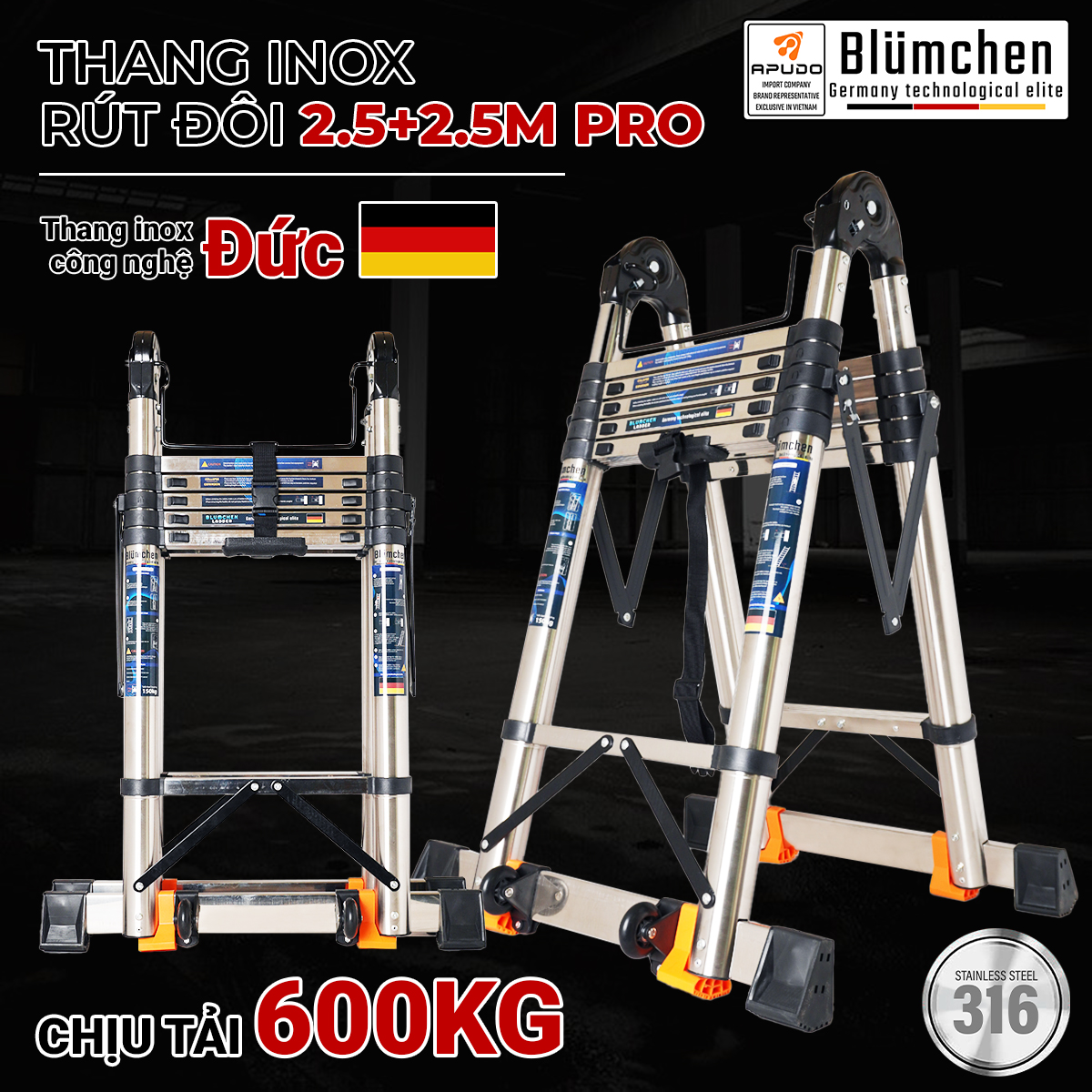 Thang inox rút đôi 2.5+2.5m Pro