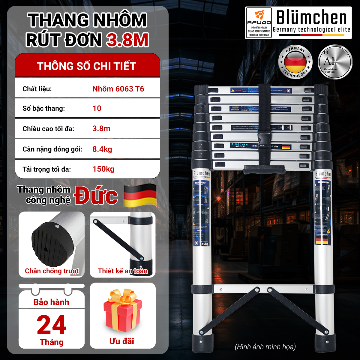 Thang nhôm rút đơn 3.8m