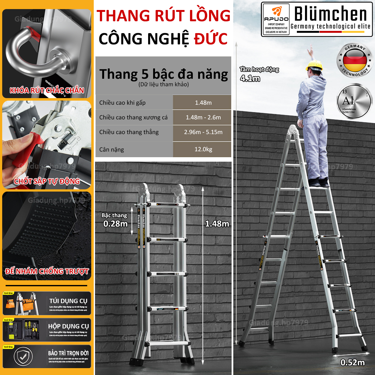Thang nhôm rút lồng 5 bậc đa năng