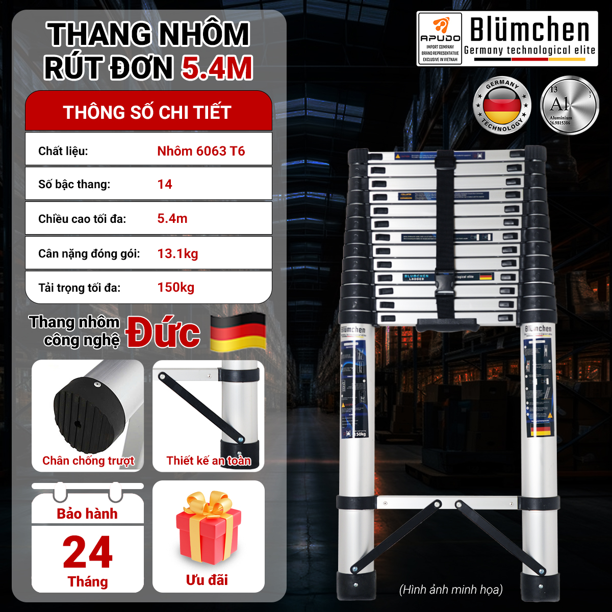 Thang nhôm rút đơn 5.4m