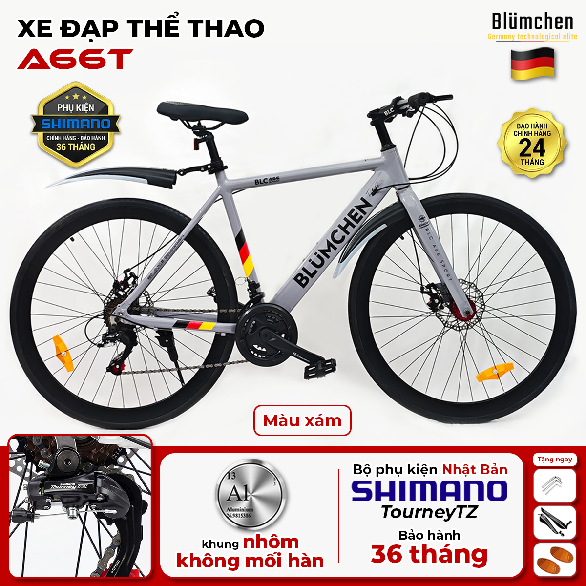 Xe đạp đua khung nhôm không mối hàn : A66T-Màu ghi