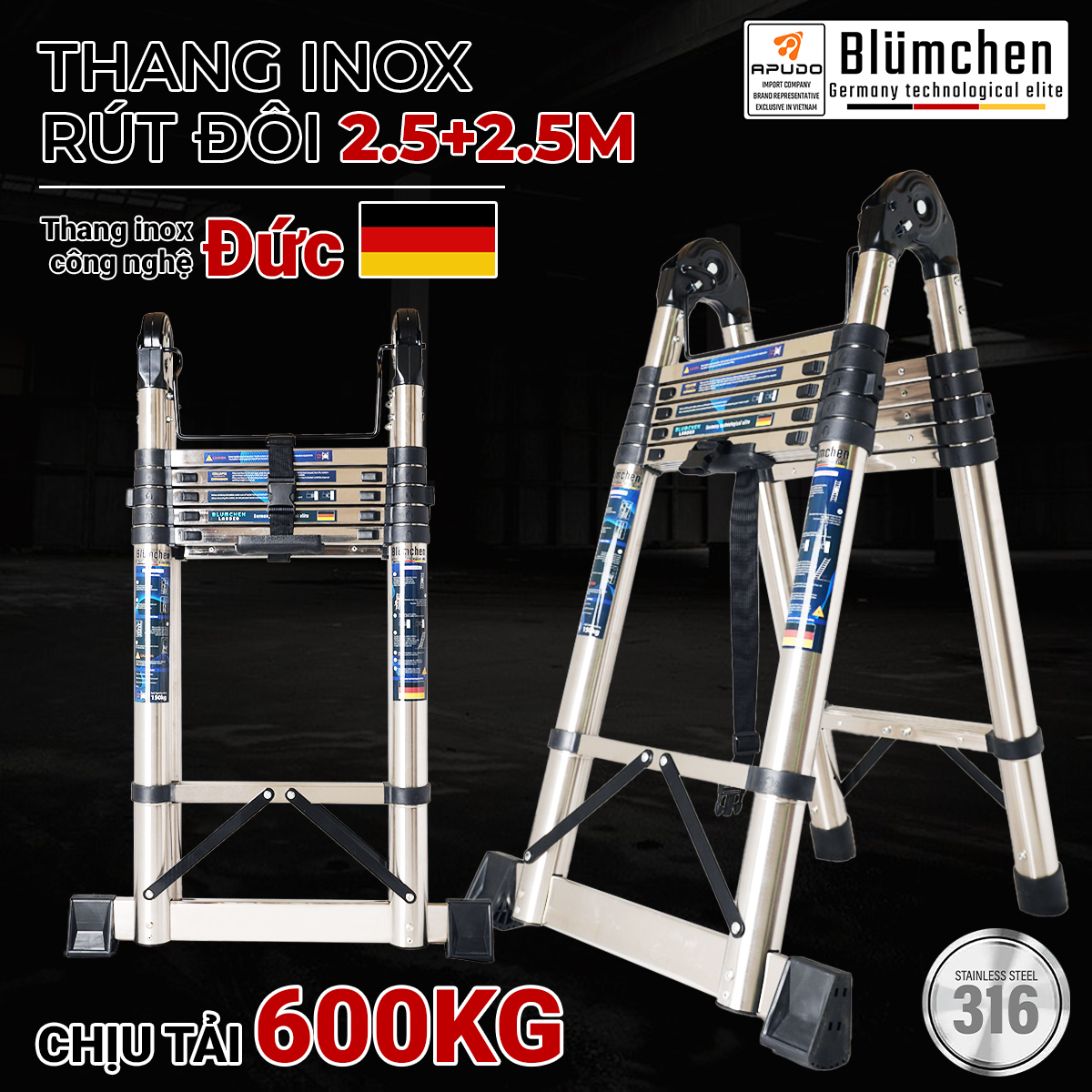 Thang inox rút đôi 2.5+2.5m tiêu chuẩn